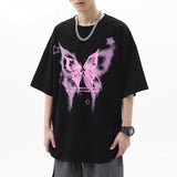 Pink Butterfly Print  Oversize T-Shirt  (Black)